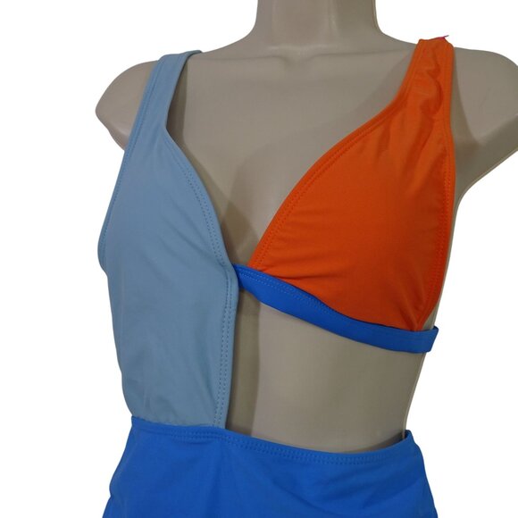Shein Colorblock One-Piece Swimsuit Women Size L 8 10 Blue Orange Bleach Swim - Picture 2 of 9